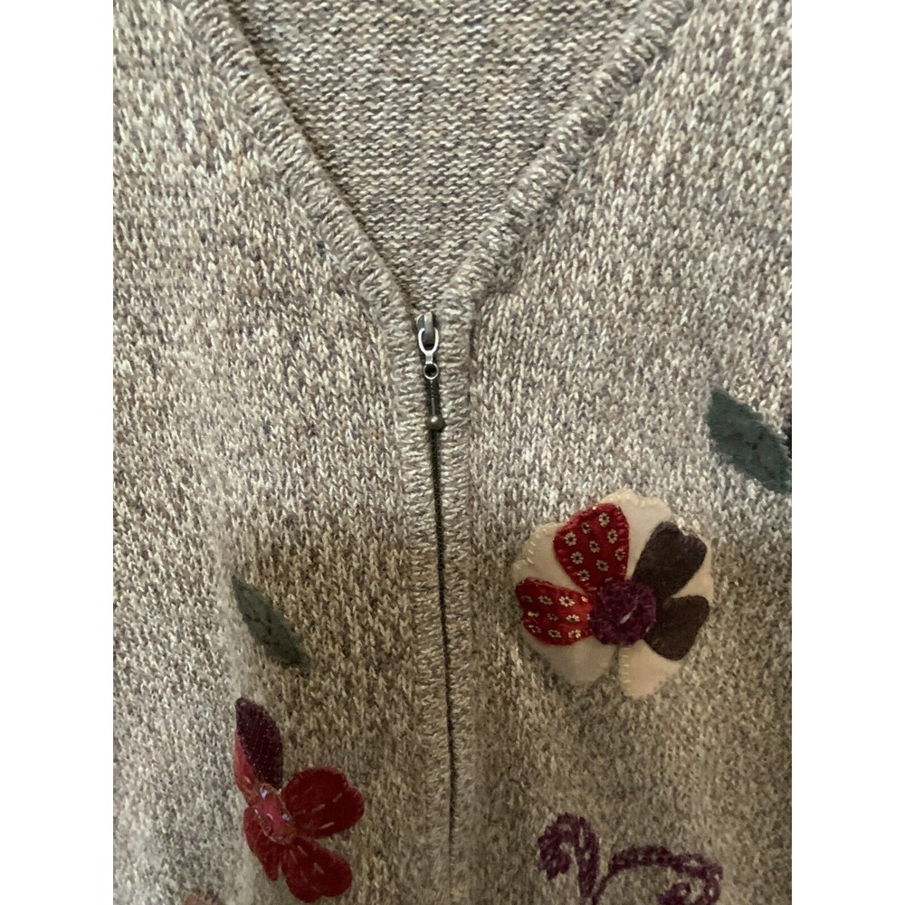 Crazy Horse Liz Claiborne Fall Sweater Cardigan w/ Applique Flowers Zip Petite L - Picture 4 of 6